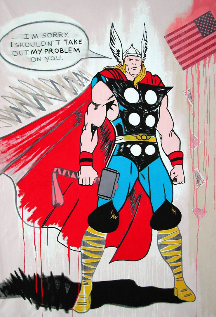 Thor, 2001, acrilico e collage su tela, 152,4x101,6