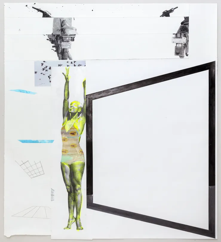 ada + windows + motorcyles over birds [two small pools] , 2021 Graphite, ink, photo transfer, acrylic, pva coated papers 64 3/4 x 71 1/4 in 164.5 x 181 cm