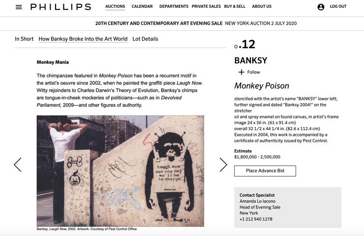 Banksy 'Monkey Poison' sells for 2.000.000 USD less fees on Phillips Auction.