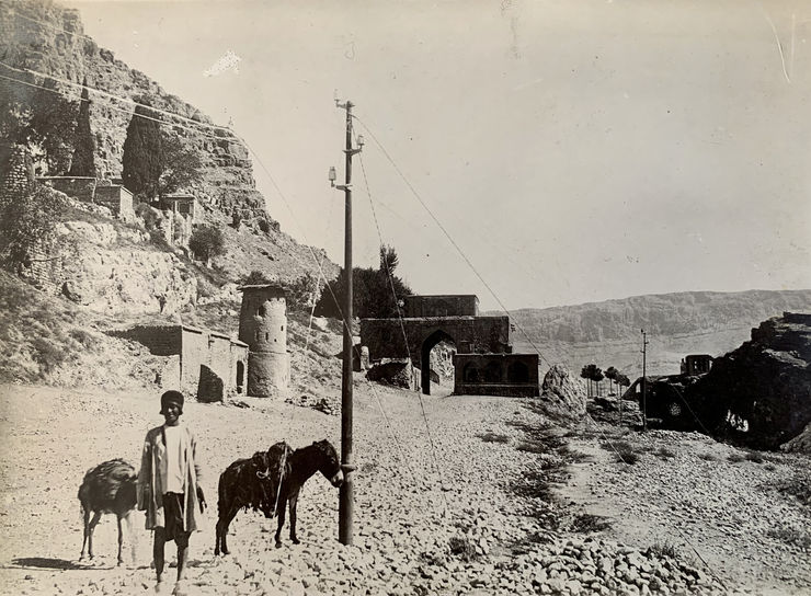 Antoin Sevruguin, A man with two mules standing by a telegraph pole, Late 19th Century or early 20th Century