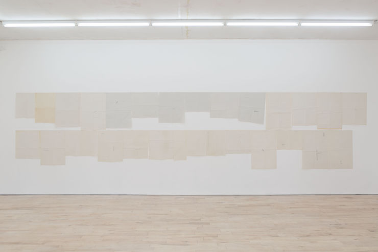 Sue Tompkins The view from the long couch, 2015 Typewritten text on newsprint, 29 sheets dimensions variable