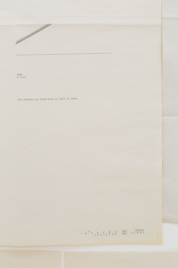 Sue Tompkins The view from the long couch, 2015 Typewritten text on newsprint, 29 sheets dimensions variable