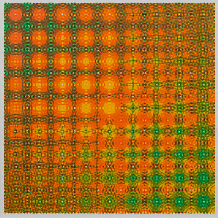Nima Nabavi, Series 9, Artwork 9 (Green, Yellow, Orange), 2025, Archival Ink on Paper, 9 x 9 in., 23 x 23 cm_15 x 15 x 1⅛ in. (framed), 38 x 38 x 3 cm (framed)