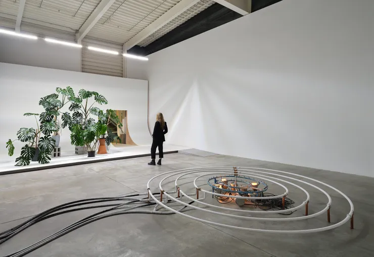 Abbas Akhavan, Studio, 2025 and spring, 2021–25. Installation view, Abbas Akhavan: One Hundred Years (5 September – 7 December 2025) at the Morris and Helen Belkin Art Gallery. Both works courtesy of the artist and Catriona Jeffries, Vancouver. © Abbas Akhavan Photo: Rachel Topham Photography