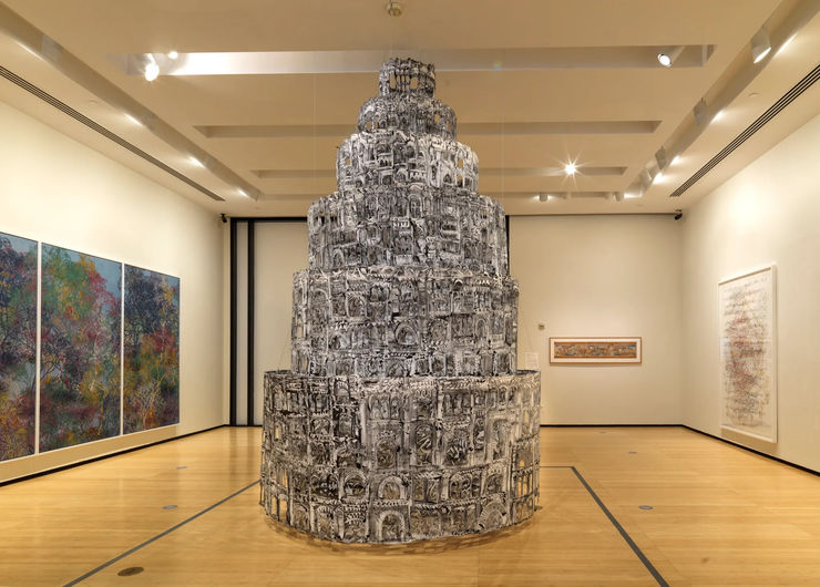 Installation view of part one of the Asia Society Triennial, We Do Not Dream Alone, Asia Society Museum, New York, 2020–2021. Left to right: Lao Tongli, “The Desire of Libido No. 5” (2017–19); Kevork Mourad, “Seeing Through Babel” (2019); Shahzia Sikander, “The Scroll” (1989–90); Shahzia Sikander, “No Calm of Consummation” (2019) (all images courtesy Asia Society Museum, unless otherwise stated; photo by Bruce M. White)