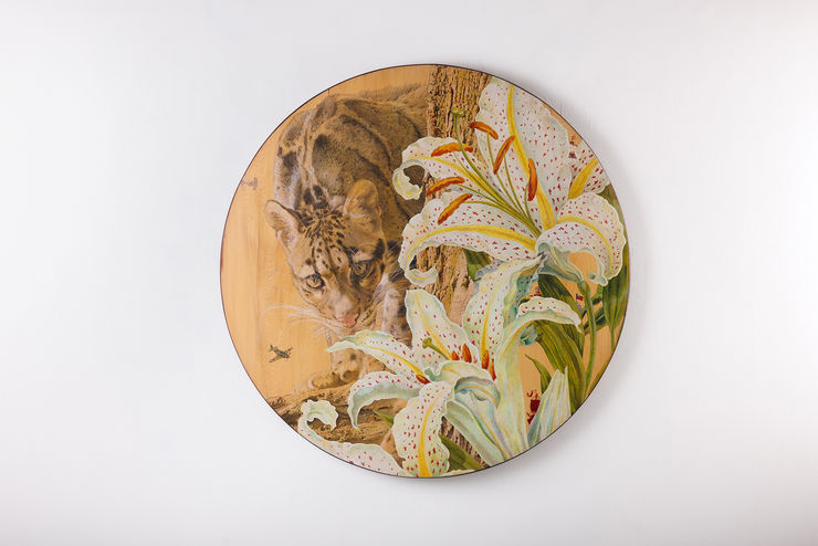 楊茂林, 花落春未盡．雲豹與百合L2201 ,2021 Yang Mao-Lin,The Lasting Spring, Clouded Leopard and Lily L2201, 2021