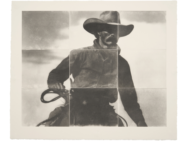 An AI-generated image of a cowboy riding a horse is shown in black and white.