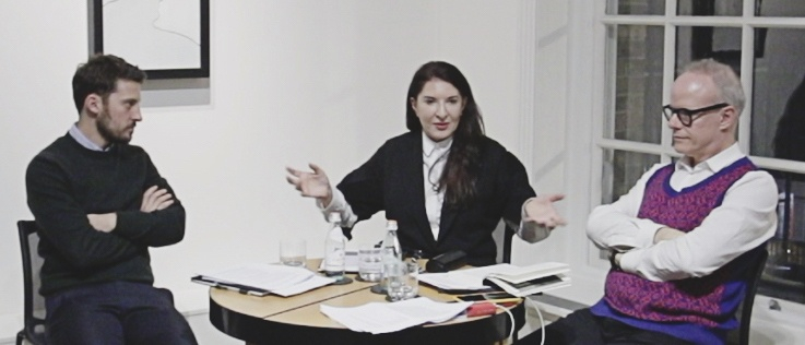 Marina Abramović, Hans-Ulrich Obrist and Yuval Etgar discussing the work of Gino De Dominicis at Luxembourg & Dayan, London, 27th November 2017.  Photo: Claudia Leisinger.