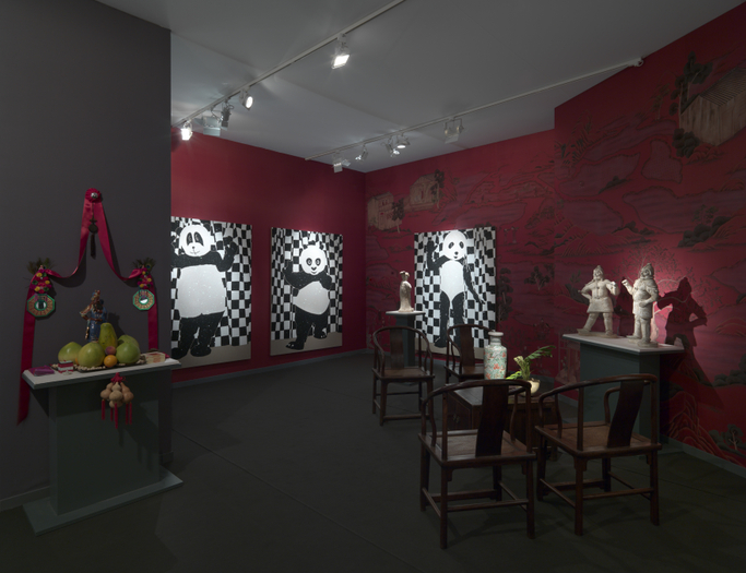 Installation shot, Luxembourg & Dayan's stand of Pruitt’s large-scale glitter Panda Paintings.  Courtesy Luxembourg & Dayan, New York and London.  Photo: Thomas Mueller