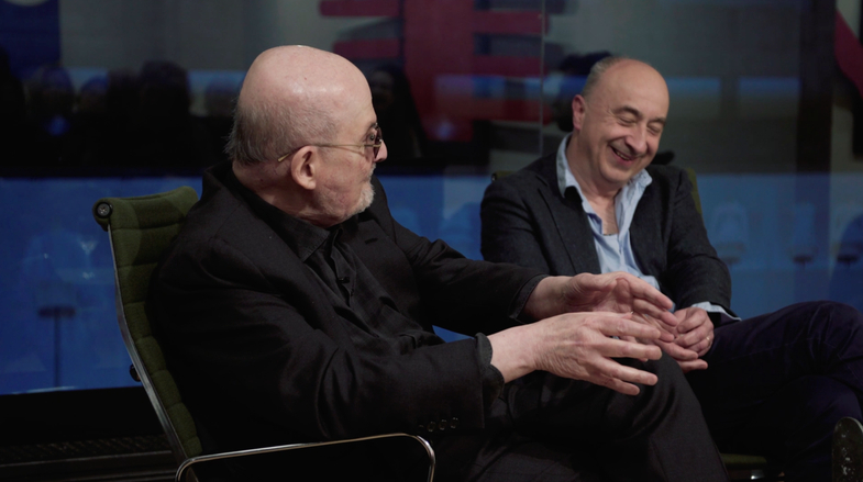 Salman Rushdie and James Wood in conversation at Luxembourg + Co., New York, February 3rd 2024.  Photo: Tyler Harmon-Townsend.