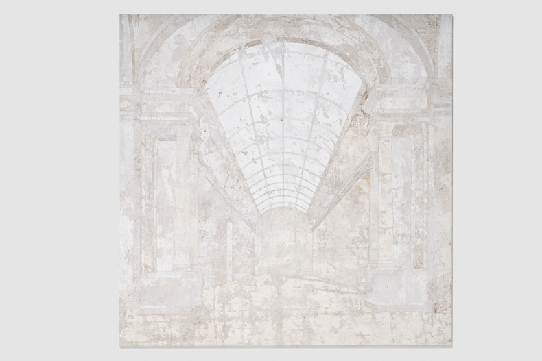 Daniel Senise Sem Título (Louvre), 2023 monotipia de parede em tecido e medium acrílico sobre placa de poliestireno 199 x 199 x 5.5 cm