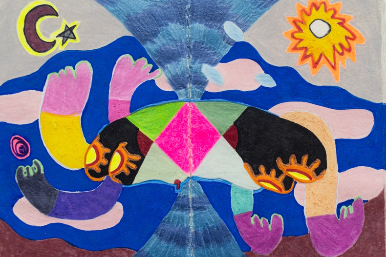 Thiago Barbalho Caderninho IV (mania de grandeza), 2020 lápis de cor, grafite, caneta esferográfica, marcador permanente, óleo e spray sobre papel 14 x 18.3 x 0.3 cm