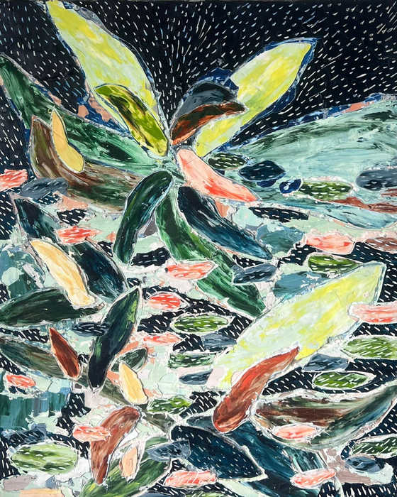 Manoela Medeiros Luz amarela no céu à noite, 2024 tinta acrílica, massa acrílica, pigmento mineral e escavação sobre tela 150.5 x 121 x 5 cm