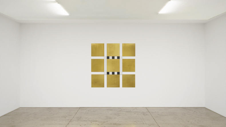 Daniel Buren New grids: low relief - DBNR, 2021 brass, black vinyl adhesive, mdf and white acrylic paint 147,9 x...