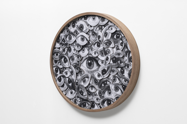 JR Hands, composition # 7, 2022 black and white paper collage on birch wood, scroll cutting, walnut frame 82.5 x 104.5 x 6.5 cm