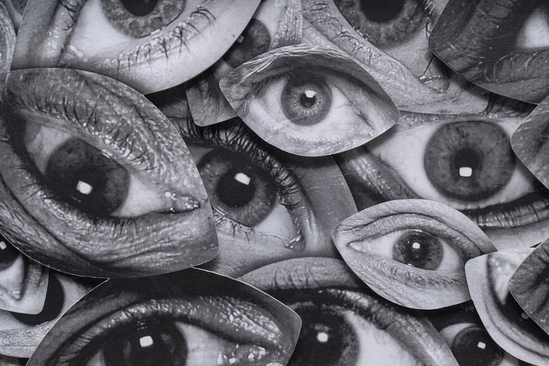 JR Hands, composition # 7, 2022 black and white paper collage on birch wood, scroll cutting, walnut frame 82.5 x 104.5 x 6.5 cm