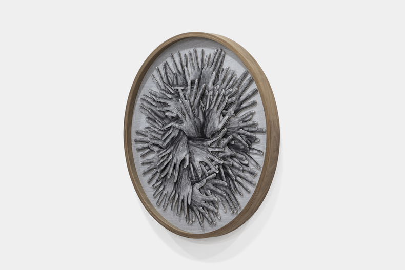 JR Hands, Composition # 9, 2022 black and white paper collage on birch wood, scroll cutting, walnut frame 94.5 x 94.5 x 6.5cm