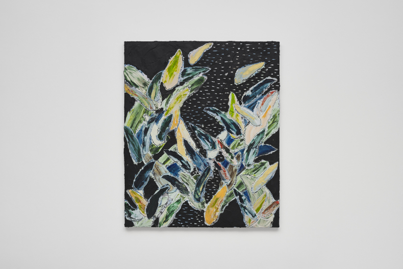 Manoela Medeiros Plantas no céu escuro, 2024 tinta acrílica, massa acrílica, pigmento mineral e escavação sobre tela 120 x 100 x 5 cm