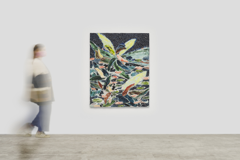 Manoela Medeiros Luz amarela no céu à noite, 2024 tinta acrílica, massa acrílica, pigmento mineral e escavação sobre tela 150.5 x 121 x 5 cm