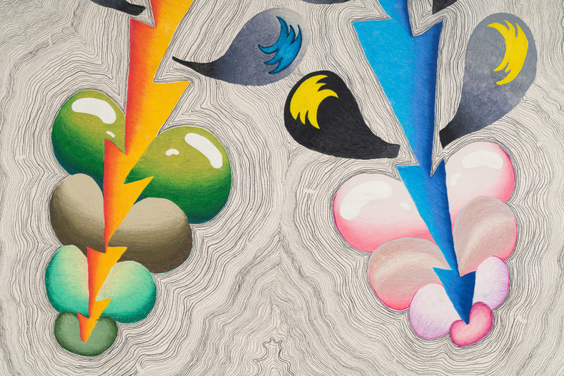 Thiago Barbalho Caboclos da mata 2025 lápis de cor, lápis grafite, caneta esferográfica, tinta óleo e marcador permanente sobre tela 150 x 80 cm