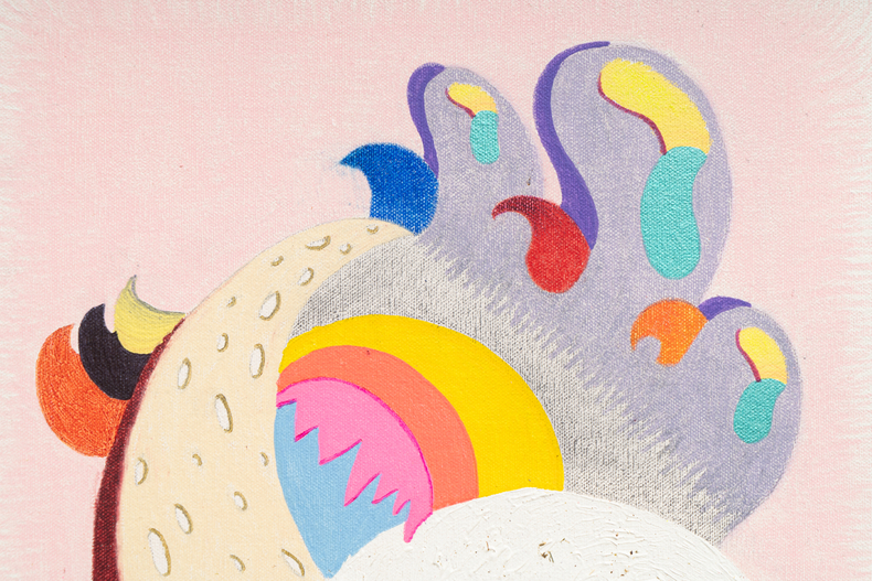 Thiago Barbalho Lua minguante 2025 lápis de cor, lápis grafite, caneta esferográfica, tinta óleo e marcador permanente sobre tela 40 x 30 cm