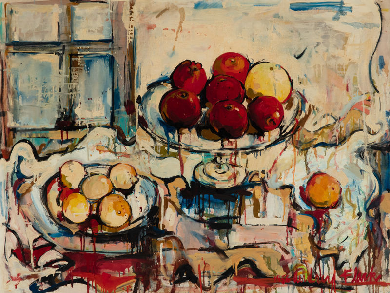 Audrey Flack, Untitled (Still Life of Fruit on Tazzae in Room Interior), 1956