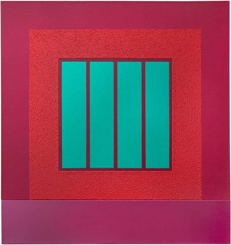 Peter Halley Magenta Prison, 2002 Acrylic, Day-Glo acrylic and Roll-a-Tex on canvas, 47 x 44 inches (119.4 x 111.8 cm)