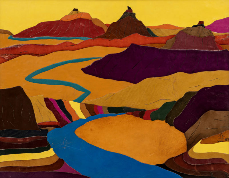 Frank Diaz Escalet Painted Desert, 1982 Cut leather on Masonite, 24 x 30 in. (61 x 76.2 cm)