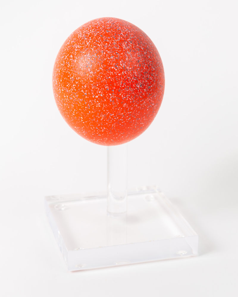 John Knuth Untitled, 2021 Acrylic/flyspeck on ostrich egg on acrylic stand, 7 x 5 x 5 inches (17.8 x 12.7...