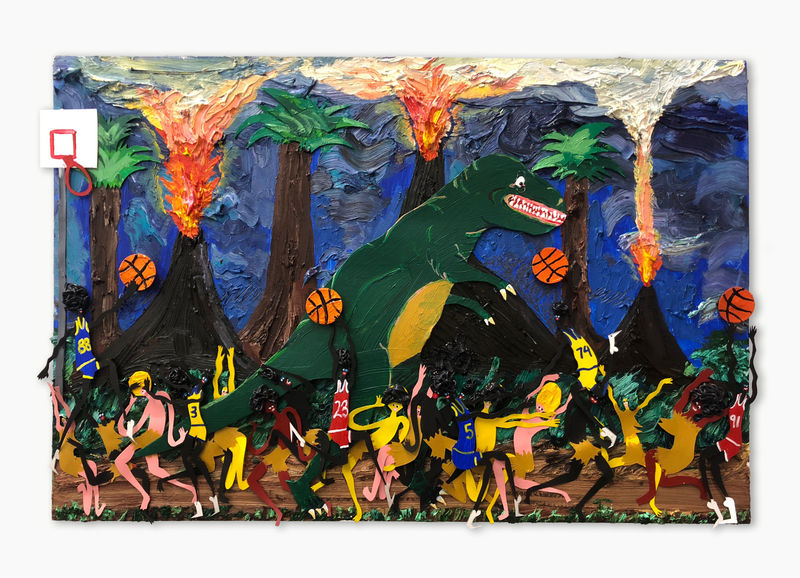 Devin Troy Strother let's have a game of jungle ball, 2019 Oil stick, acrylic, caulking, painted and cut water color...