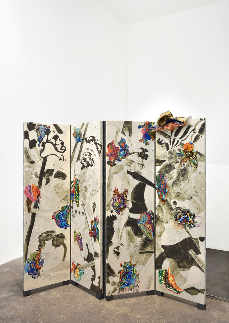 Edi Rama Untitled, 2024 Paravent, printed fabric, embroidery, ceramic and bronze sculpture 64 3/4 x 71 5/8 x 2 in....