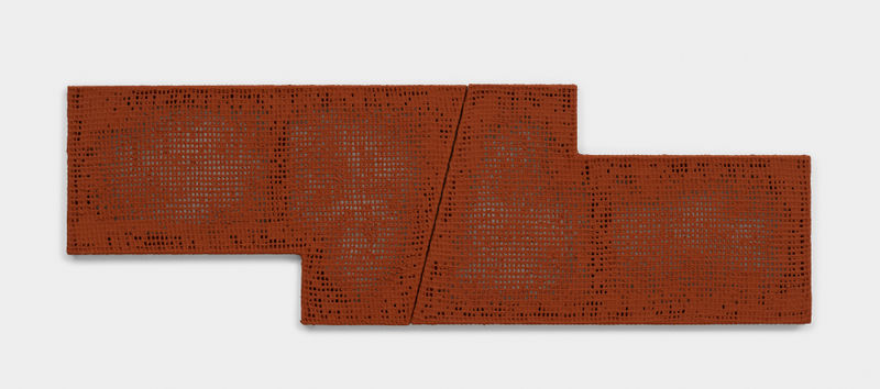 Delcy Morelos Eva, 2013 2 parts; clay, brick dust, and acrylic binder on cotton weave 20 x 62 1/4 x...