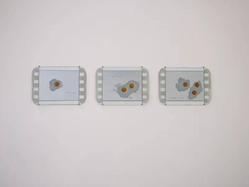 Tacita Dean Locomotive Drawings: Oeufs Miroirs (triptych), 2025 Enamel and mirror lacquer on found tarnished steam train windows 12 1/4...