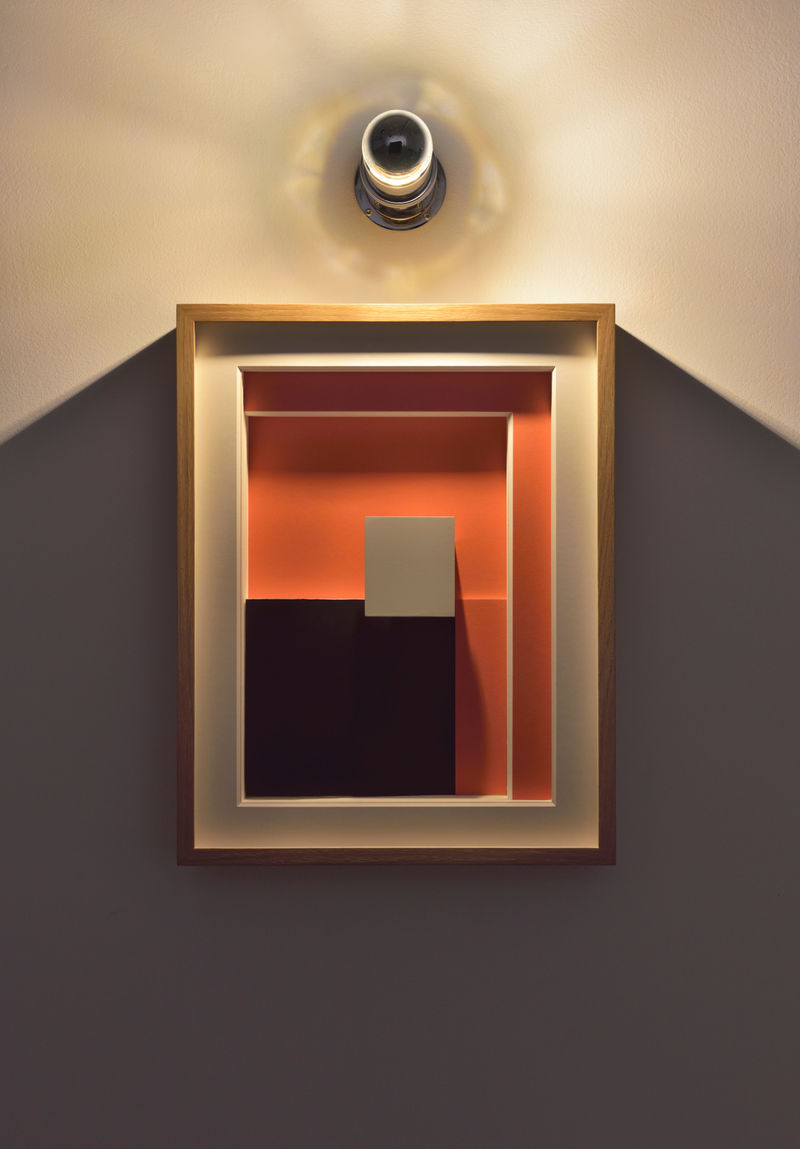 Gerard & Kelly Solarium ensoleillé, 2025 Mat board (passe-partout), lamp (Pailla Wall Lamp, design by Eileen Gray, 1927), bulb, acrylic...