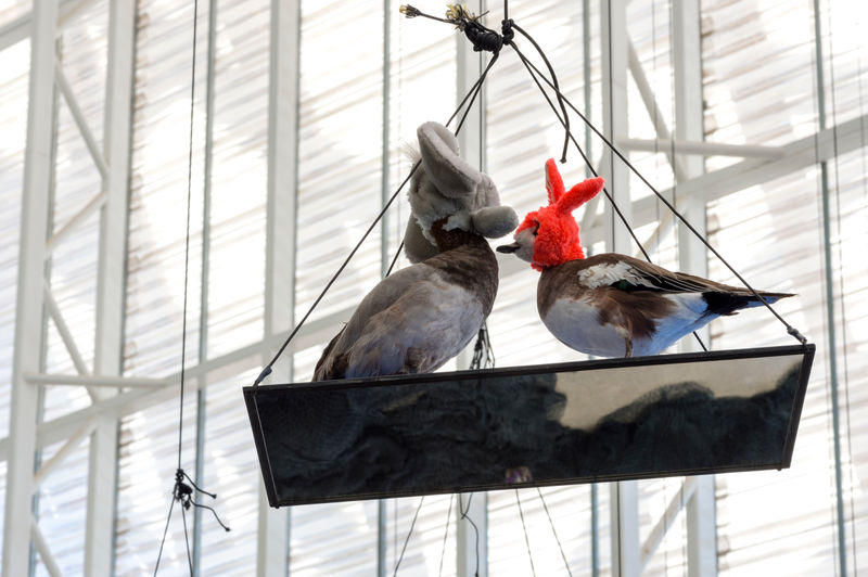 Annette Messager Le désir attrapé par le masque, 2021 Suspended mirror, 2 stuffed animals with soft toy heads 20 1/2...