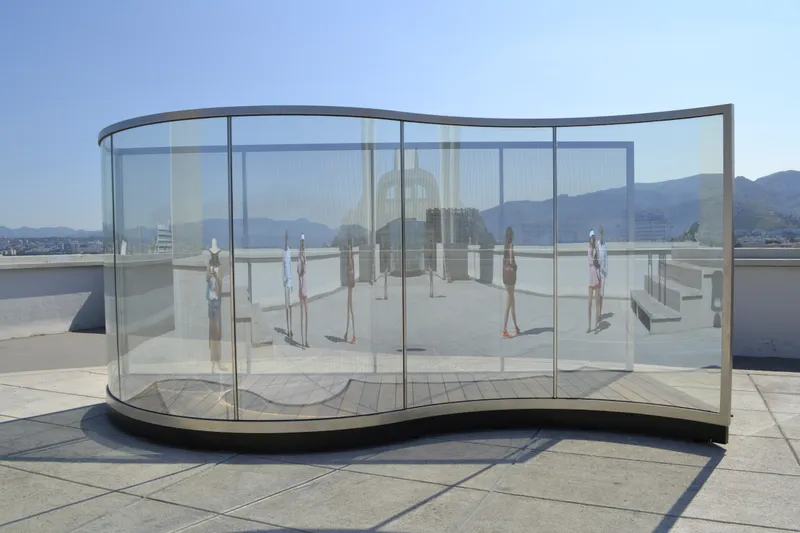 Dan Graham Tight Squeeze, 2015 Two-way mirror, perforated metal, stainless steel 90 1/2 x 200 x 70 7/16 in. (230...