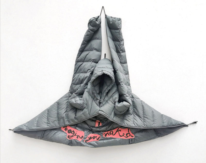 Annette Messager I imagine you..., 2020 Down jacket, textile, string 35 1/8 x 47 1/4 x 9 7/8 in. (89...