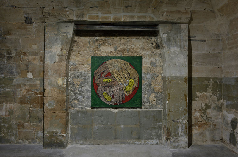 Daniel Boyd Untitled (MMM), 2024 Oil, acrylic, oil pastel and archival glue on canvas 48 x 48 x 1 3/8...