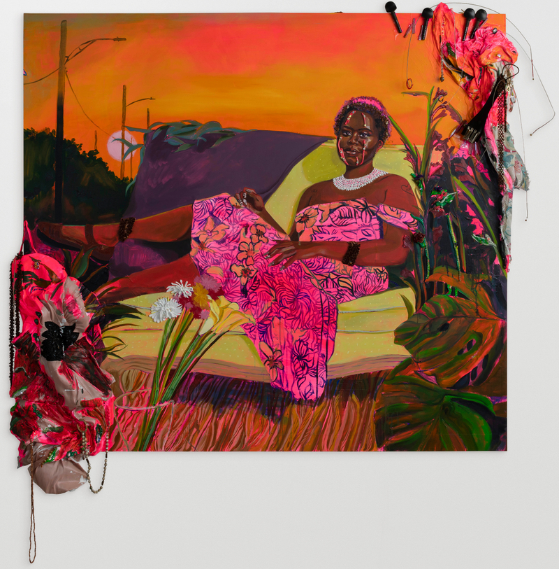 Gisela McDaniel Sunset over 8 mile2022 Oil on panel, jewelry & chello pieces from subject-collaborator, resin, flower, sound 127 x...