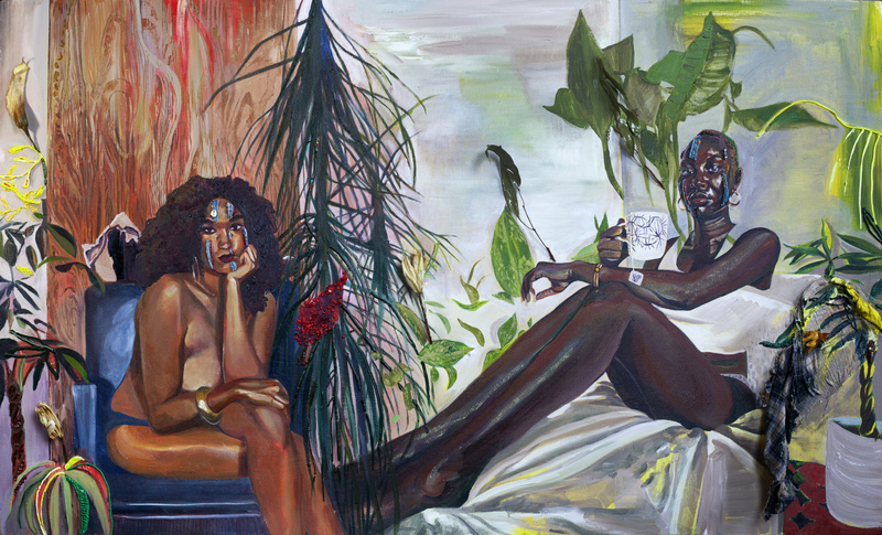 Gisela McDaniel Look back/Look forward2020 Oil on canvas, found object, flower, resin, sound on USB 91.4 x 152.4 x 14...