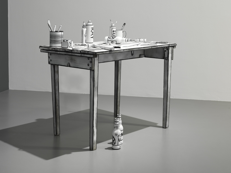 Mary Reid Kelley and Patrick Kelley Daedalus' Table2014 Wooden Table, paint, assorted tools 90.5 x 93 x 61 cm 35...