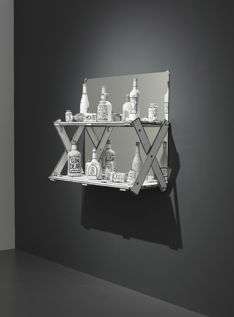 Mary Reid Kelley and Patrick Kelley Pasiphae's Liquor Cabinet2014 Liquor and pill bottles, paint, sculpey compound, glass, wood 93.5 x...