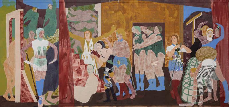 Ella Walker Chorus2023 Acrylic dispersion, pigment, chalk and pencil, on unstretched canvas 273 x 540 cm 107 1/2 x 212...