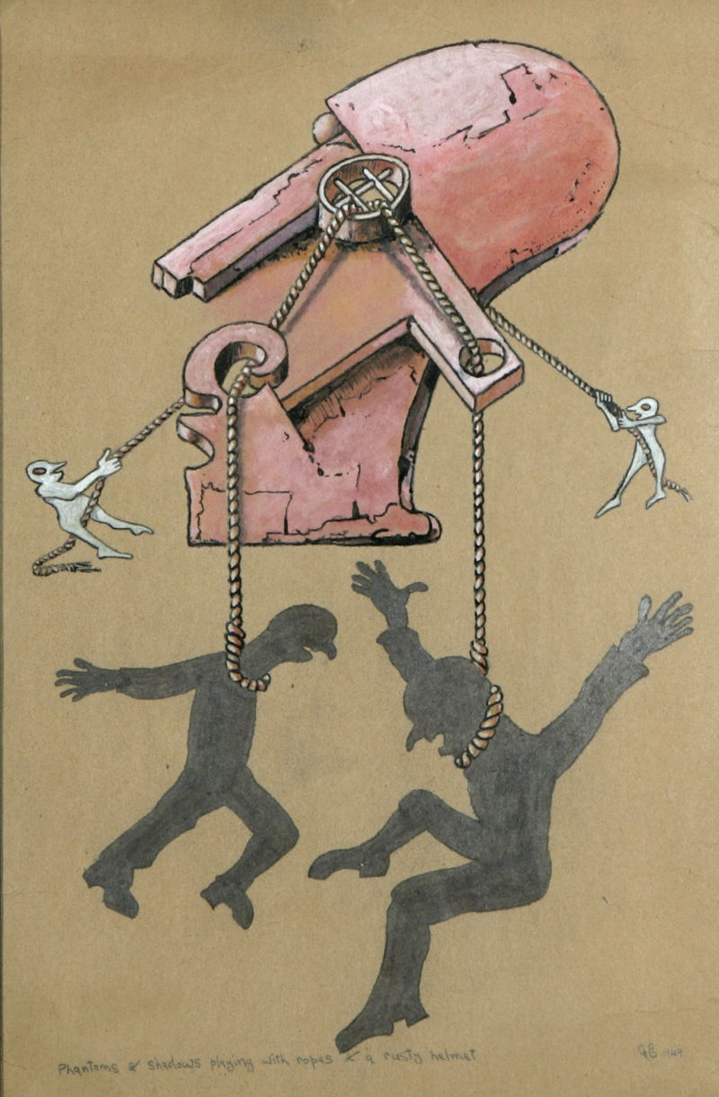 Anthony Earnshaw Phantom shadows playing with ropes and a rusty helmet, 1949
