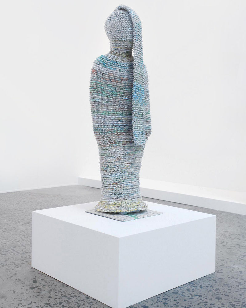 Movana Chen Body Container - Travel Maps, 2019 Knitted shredded maps 110 x 28 x 20 cm | 43 1/4...