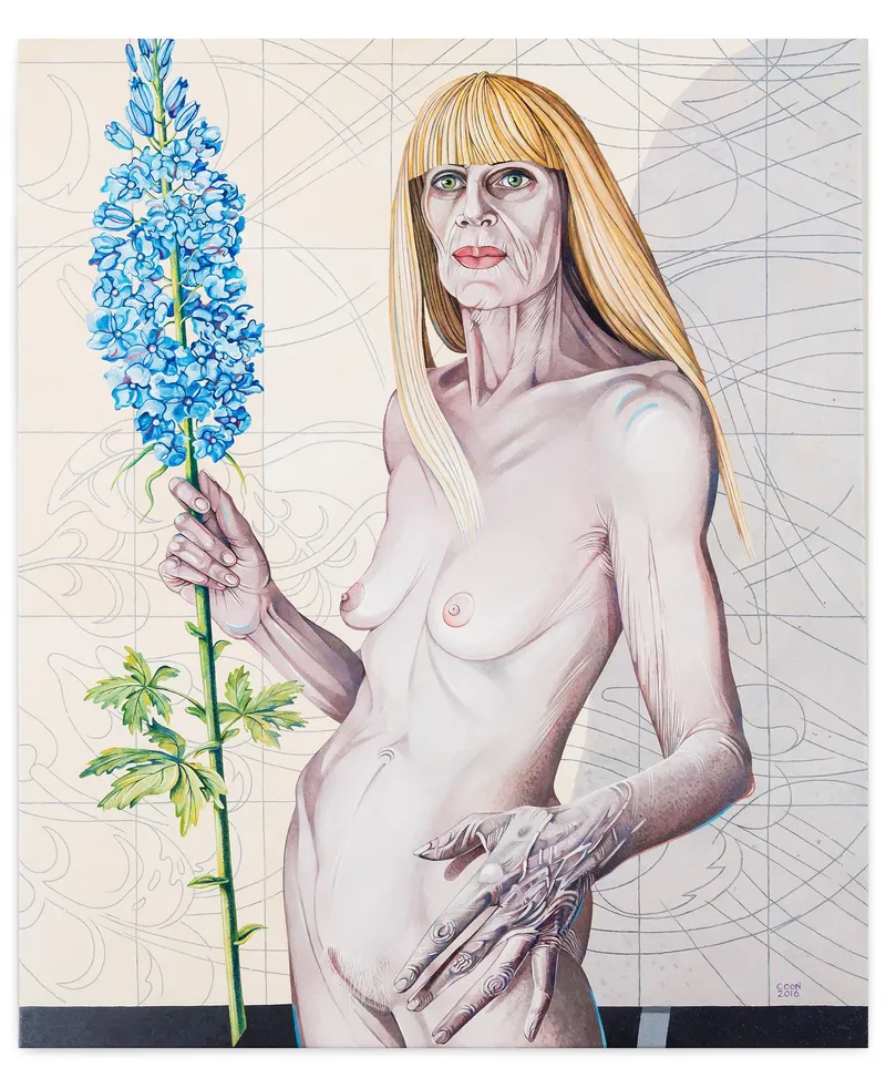 Caroline Coon Self with Delphinium age 70, 2016