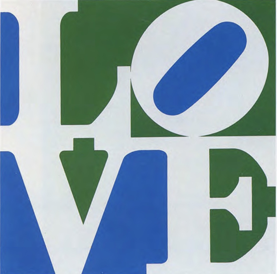 a painting of a white letter L and a tiled white O above the white letters V and E, agains a blue and green ground