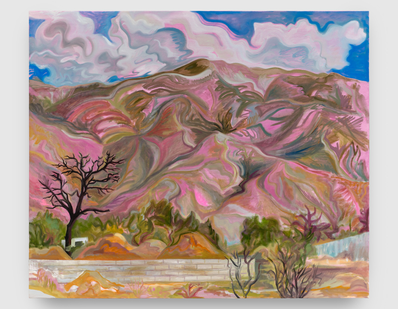 A painting by Mira Dancy of a mountainous skyline rendered in pink and green hues.