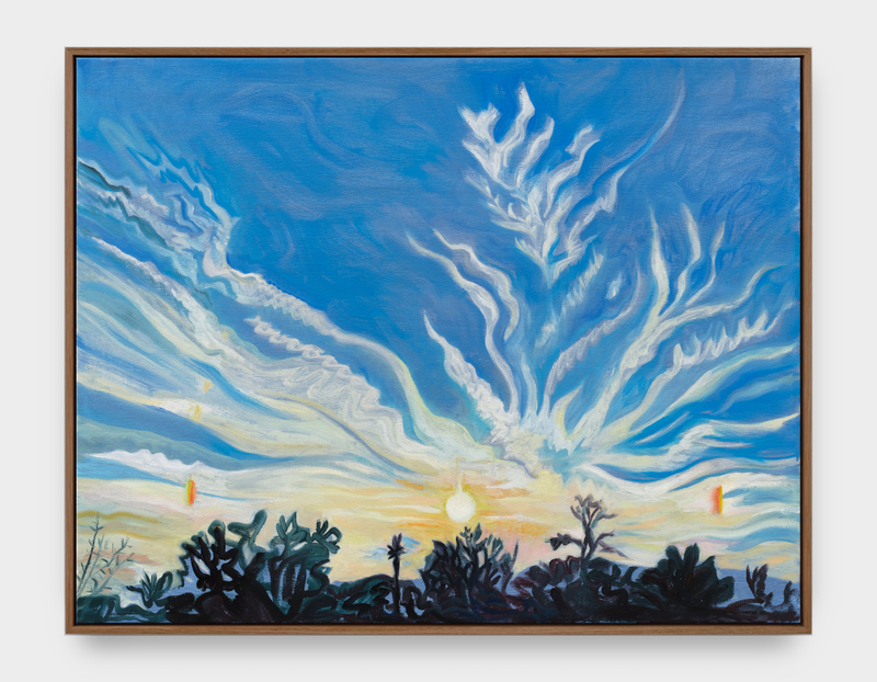 A painting by Mira Dancy of a blue sky and tree top line with streaks of white clouds and a glowing sun.
