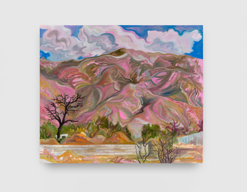 A painting by Mira Dancy of a pink mountain against a blue sky. 